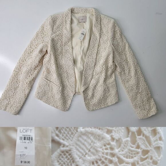 $138 LOFT CREAM EYELET LACE LINE BLAZER 10 LARGE NWT - Picture 1 of 12
